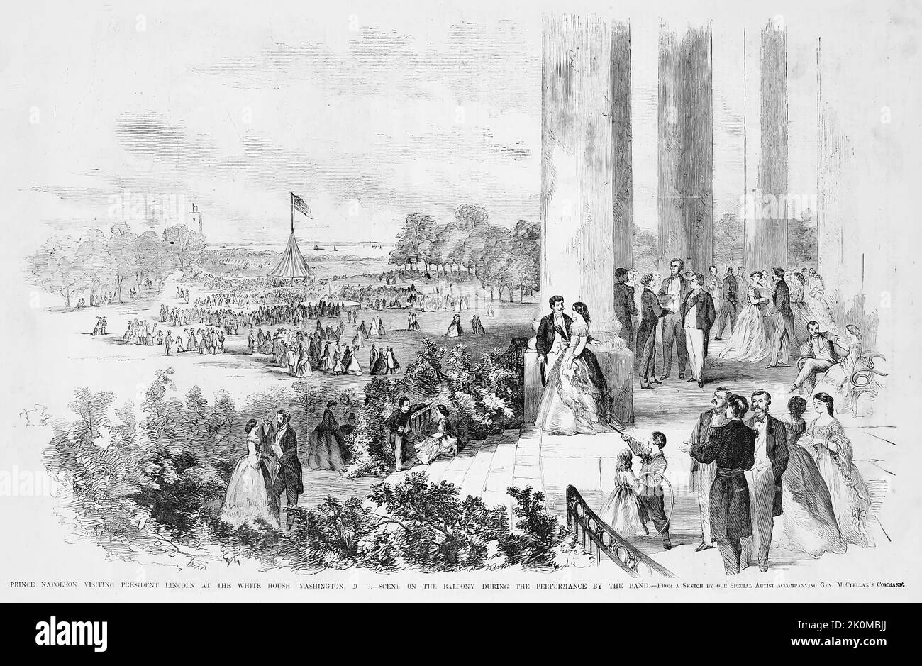 Prinz Napoléon Joseph Charles Paul Bonaparte besucht Präsident Abraham Lincoln im Weißen Haus, Washington, D. C. - Szene auf dem Balkon während der Aufführung der Band. August 1861. Illustration des amerikanischen Bürgerkriegs des 19.. Jahrhunderts aus Frank Leslie's Illustrated Newspaper Stockfoto