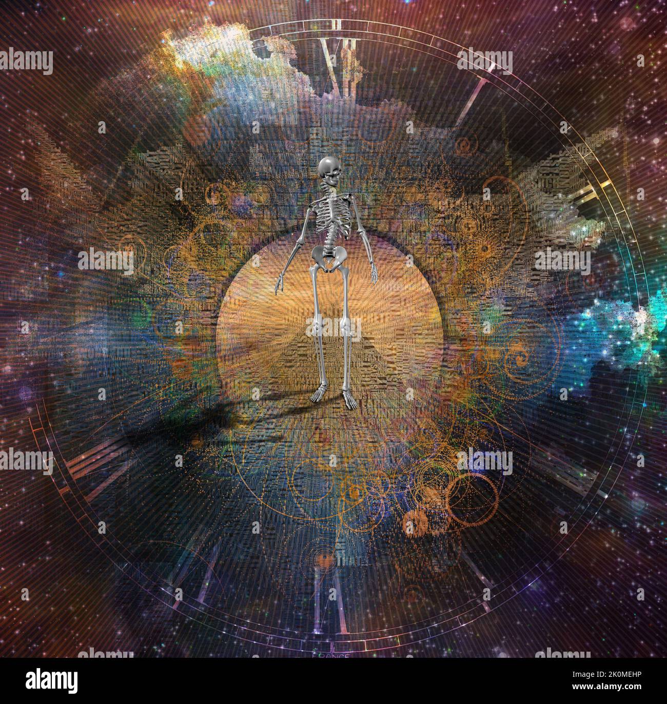 Skelett auf Steinstraße in lebhaftem Raum. 3D Rendern Stockfoto