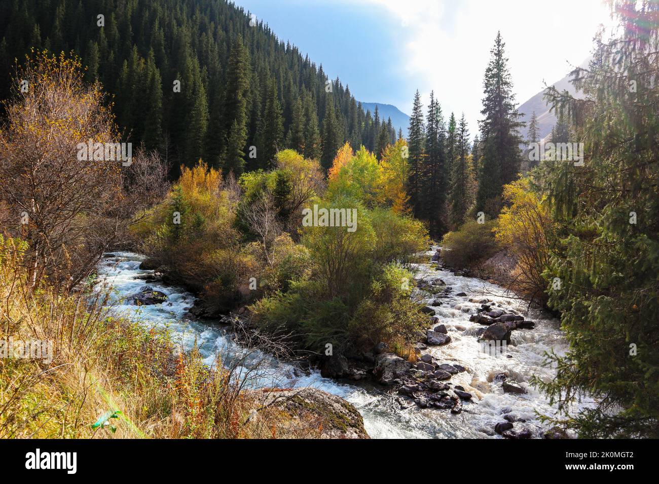 Zwei Bergflüsse verschmelzen zu einem. Heller und dunkler Fluss Stockfoto