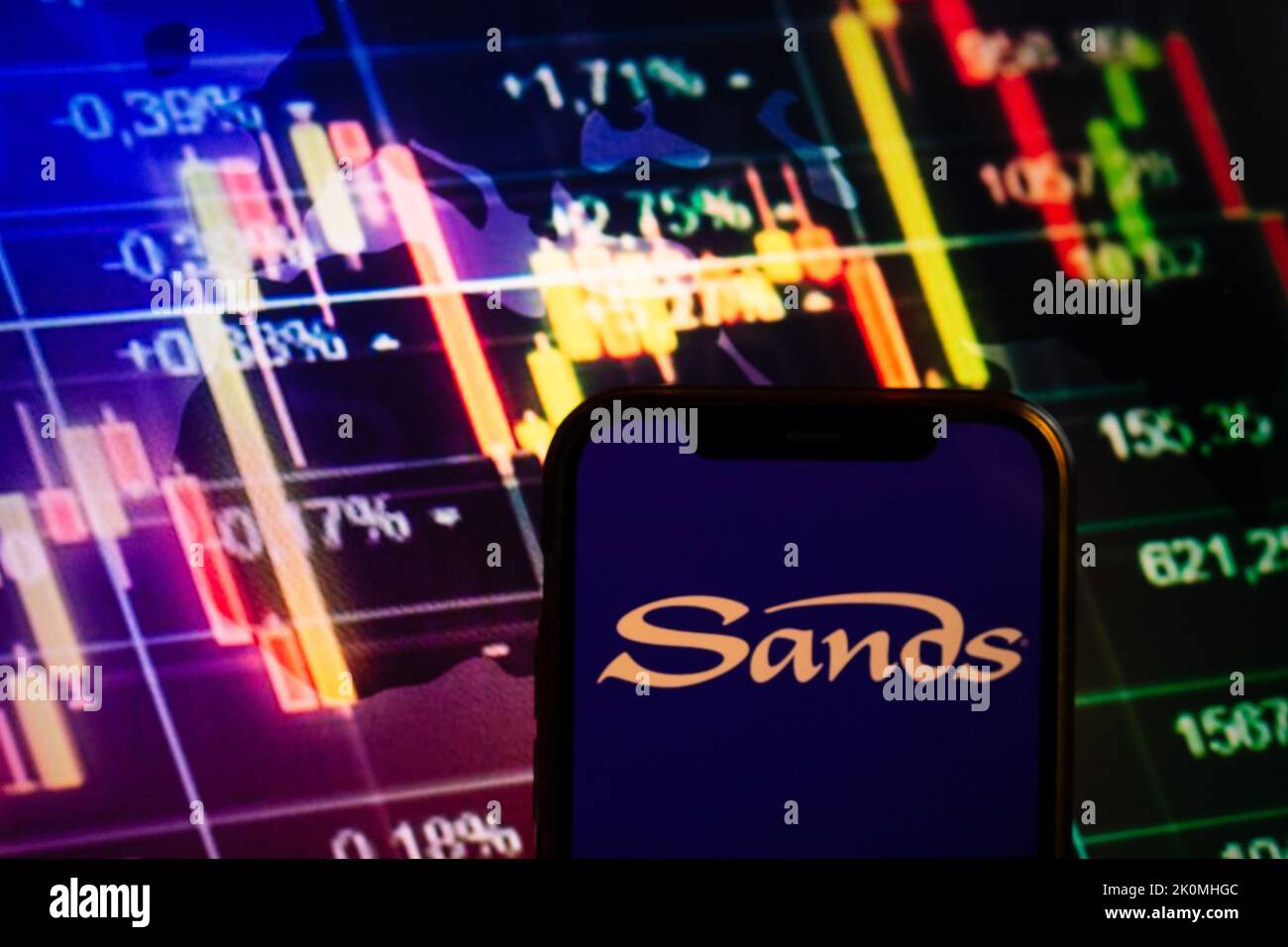 KONSKIE, POLEN - 10. September 2022: Smartphone mit Logo der Firma Las Vegas Sands auf dem Hintergrund des Börsendiagramms Stockfoto