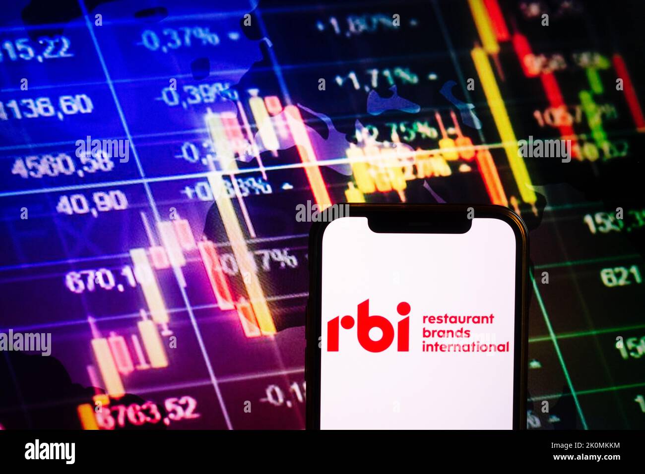 KONSKIE, POLEN - 10. September 2022: Smartphone mit Logo der Firma Restaurant Brands International (RBI) im Hintergrund des Börsendiagramms Stockfoto