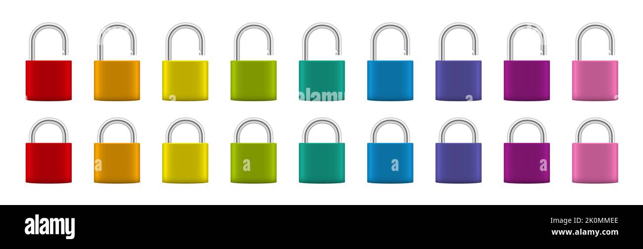 Vorhängeschlösser, farbenfrohes Set mit verschlossenen und nicht verschlossenen Schäkeln, regenbogenfarbene Sammlung von Sicherheitsgeräten aus Stahl - unbeschriftet, leere Oberfläche. Stockfoto