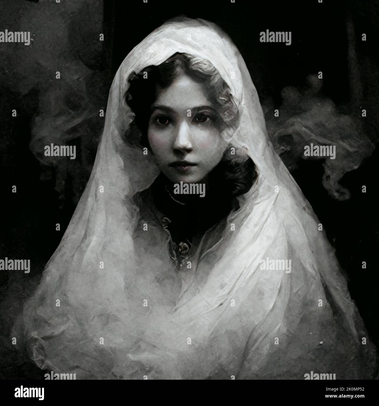 Eine Graustufenmalerei Illustration einer jungen viktorianischen Frau Stockfoto