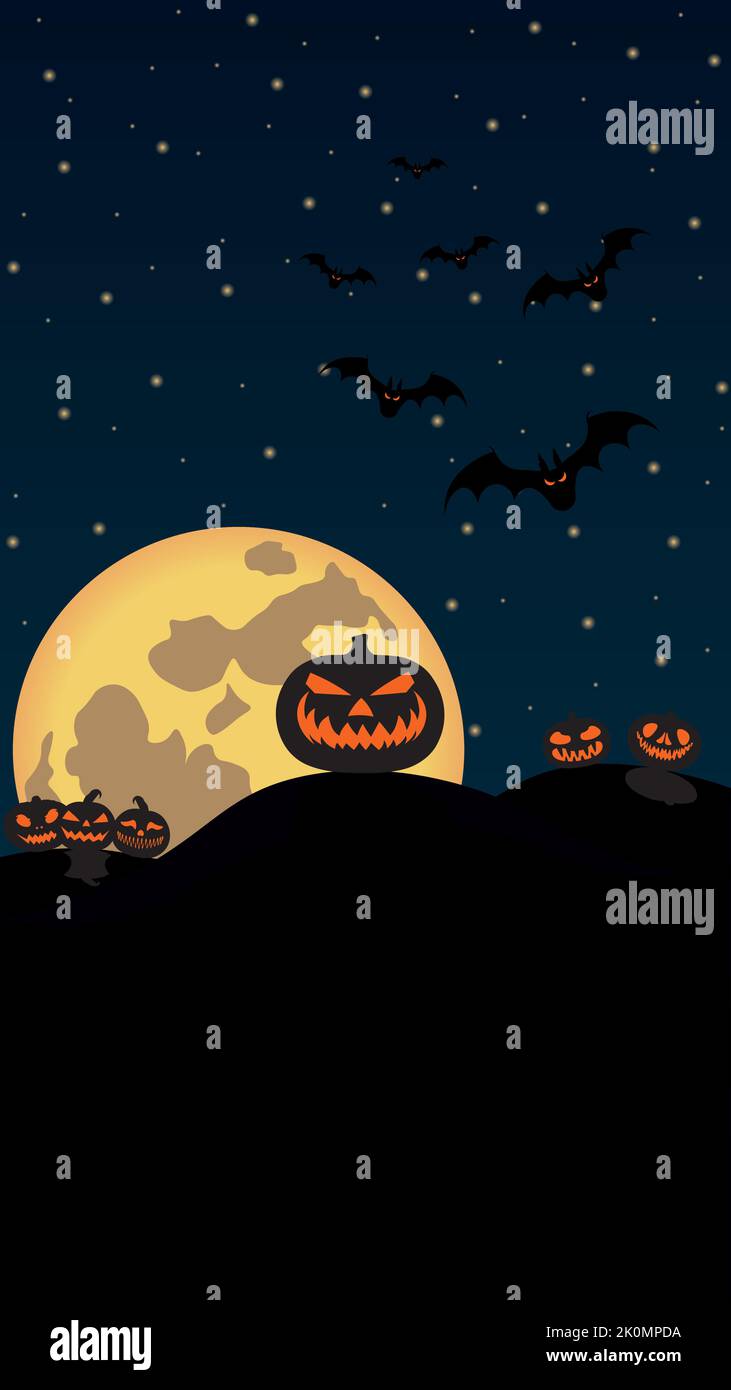 Halloween Nacht gruselig lächelnde Kürbisse zu Fuß die Hügel unter dem Vollmond Vektor-Illustration Stock Vektor