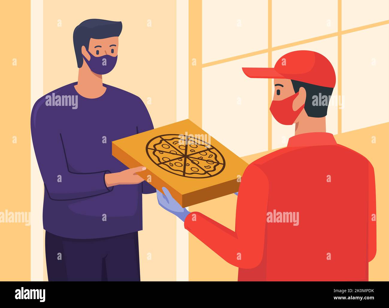 Pizza Lieferung Mann tragen Gesichtsmaske und Handschuhe kommen mit große quadratische Box zu Hause Tür Illustration Stock Vektor
