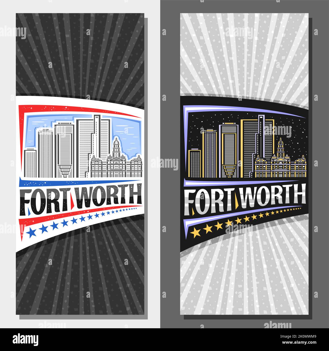 Vektor-vertikale Banner für Fort Worth, dekoratives Ticket mit Illustration der berühmten texanischen Stadtlandschaft am Tag- und Abendhimmel im Hintergrund, Kunstdesign-Tour Stock Vektor