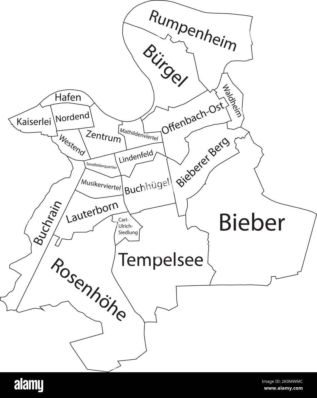 Weiß getaggte Bezirkskarte von OFFENBACH AM MAIN, DEUTSCHLAND Stock Vektor