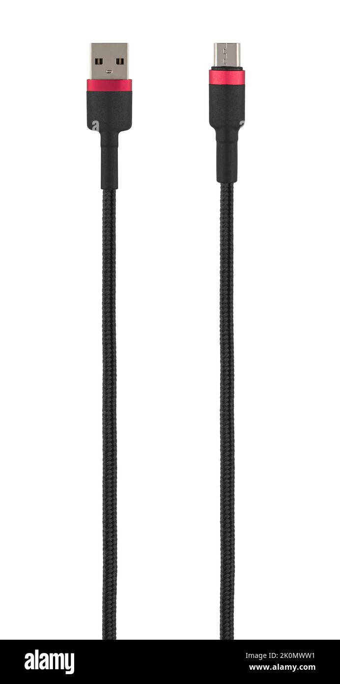Kabel mit USB- und Micro-USB-Anschluss, isoliert auf weißem Hintergrund Stockfoto