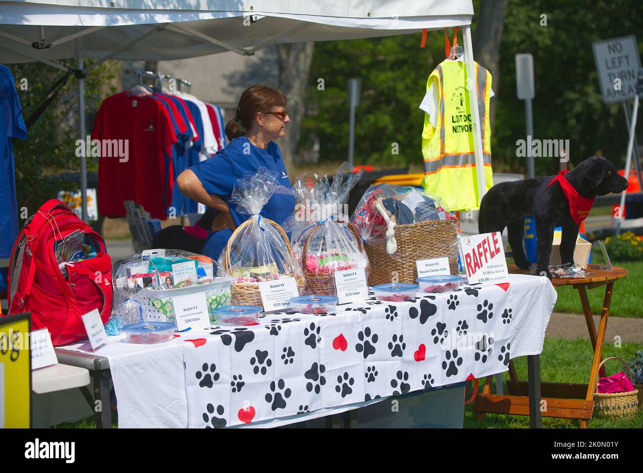 Eine Frau zeigt ihre Waren auf der Wochenend-Messe Eastham Windmill in Cape Cod, USA Stockfoto
