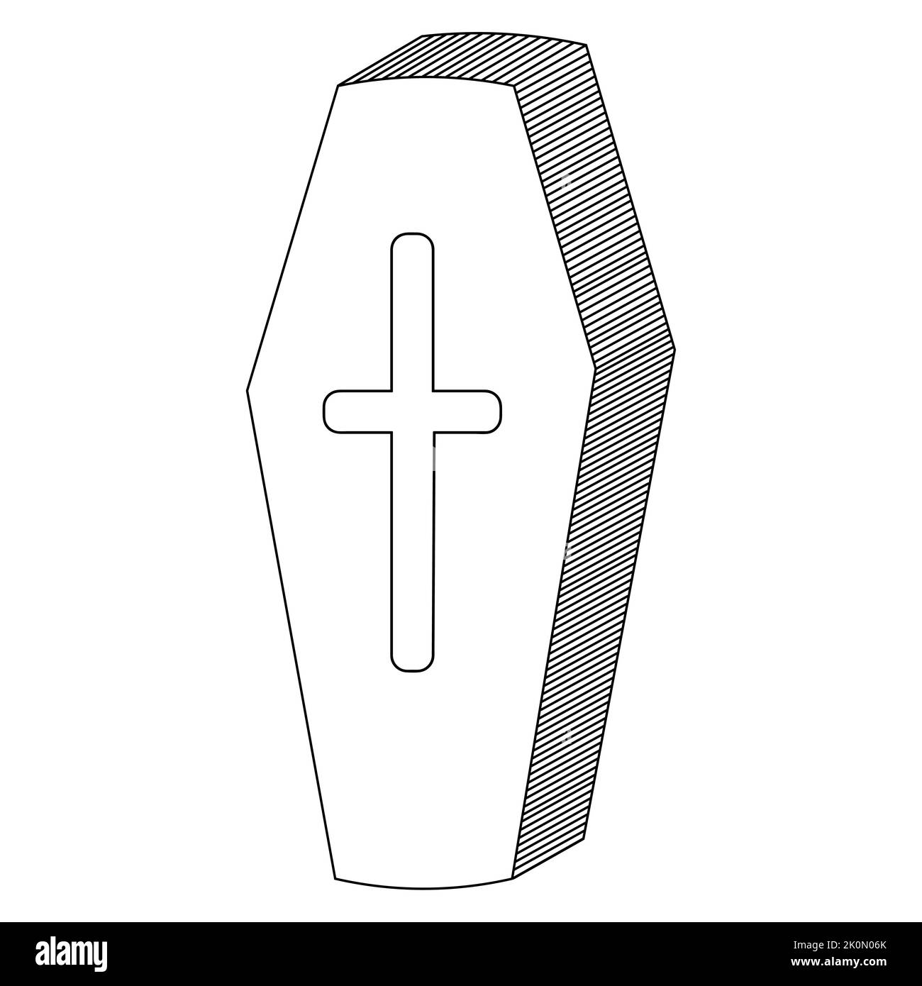 Sarg. Vampir-Sarkophag. Vektorgrafik. Umriss auf einem isolierten weißen Hintergrund. Doodle-Stil. Skizze. Kreuzförmiges Emblem auf dem Deckel. Stock Vektor