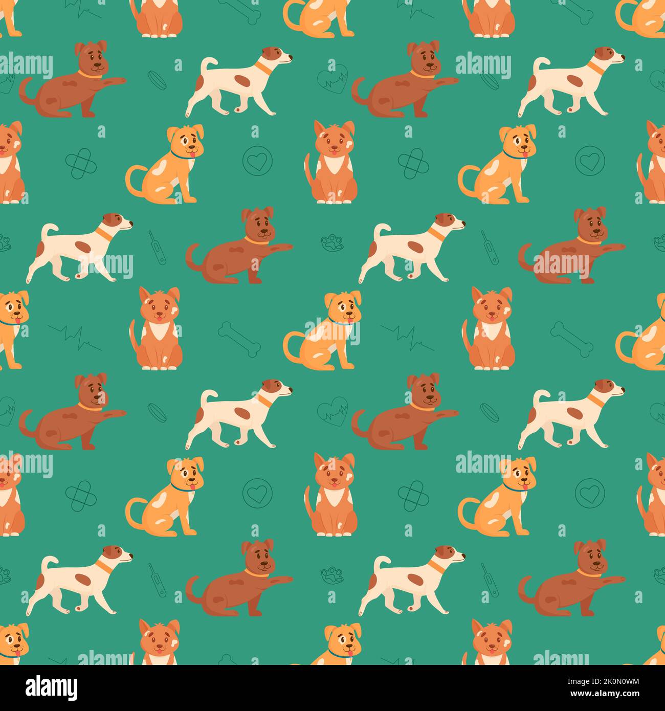 Lustige Hunde nahtlose Muster. Flache Vektorgrafik. Stock Vektor