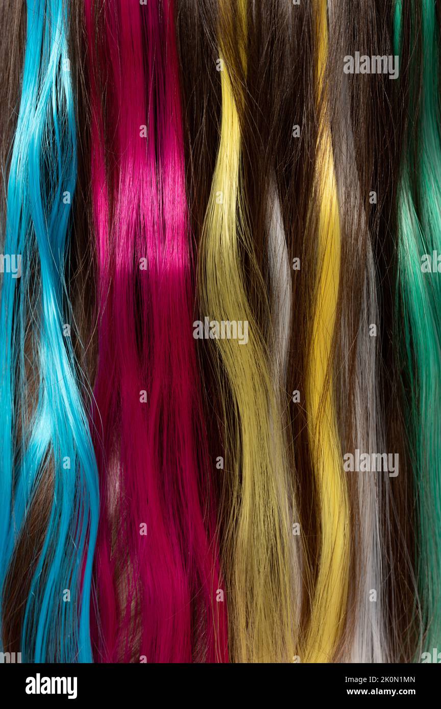 Bunte Palette von langen menschlichen Haaren Makro Nahaufnahme Stockfoto