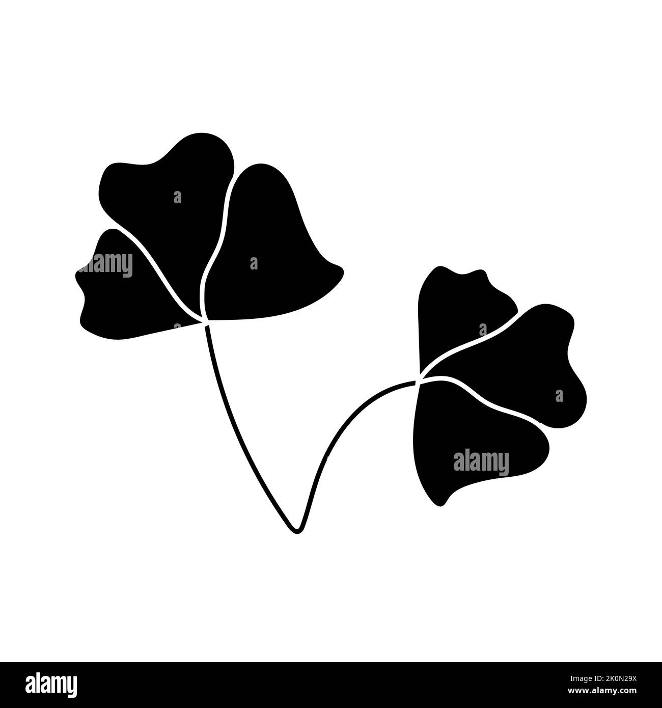 Illustration einer Blume, Silhouette eines Zweiges mit Blumen und Blättern. Vektorgrafik. Blumendruck Stock Vektor