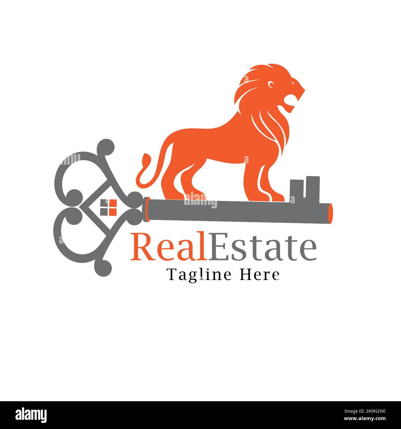 Immobilien-Logo mit Hauslöwe und Schlüsselelementen, Immobilien-Logo, Löwen-Königreich-Logo Stock Vektor