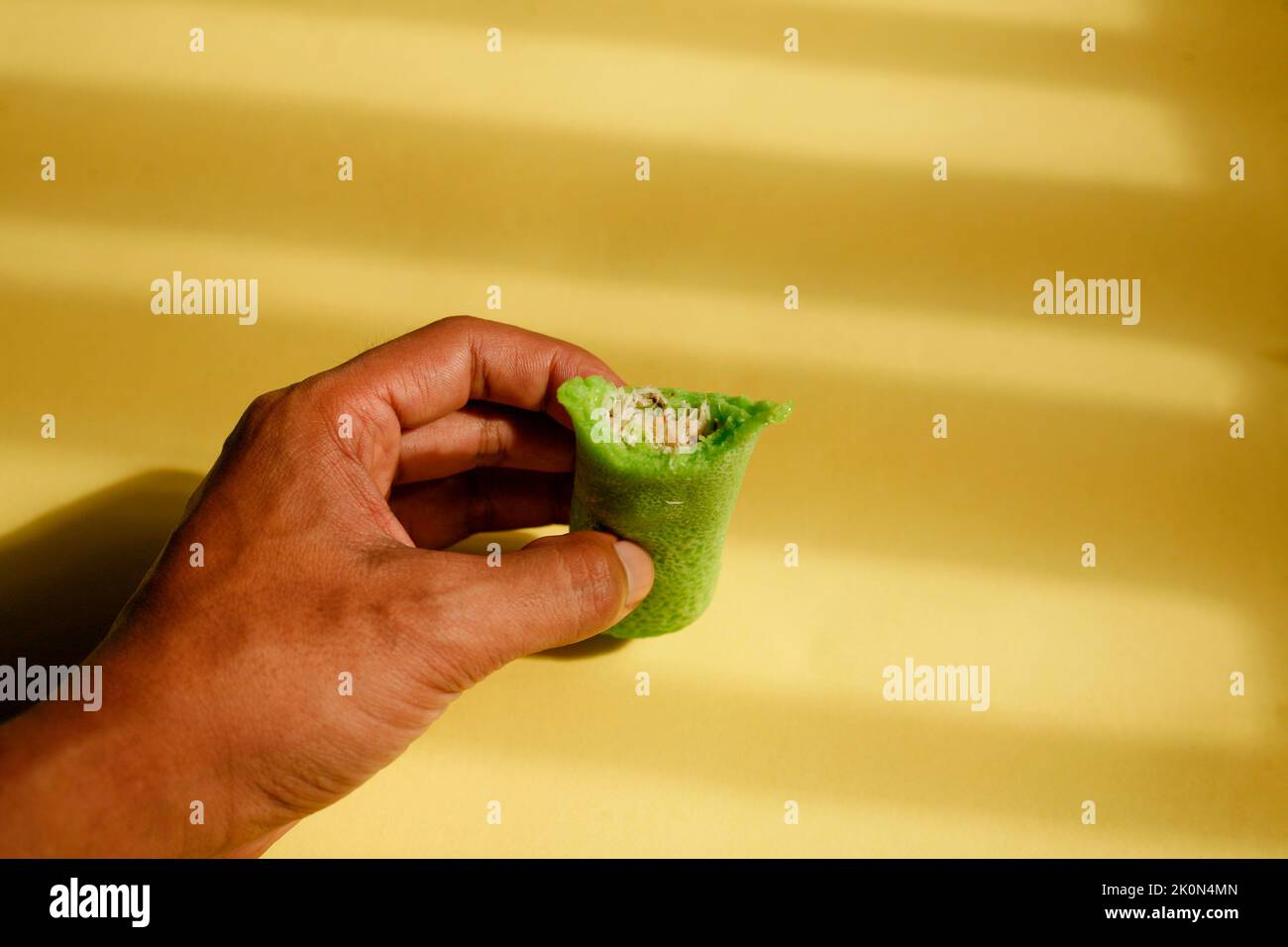 Hand Halten Bittin Kokos Gefüllte Pandan Pfannkuchen Rollen. Traditionelles indonesisches oder malaysisches Essen namens dadar Gulung. Stockfoto