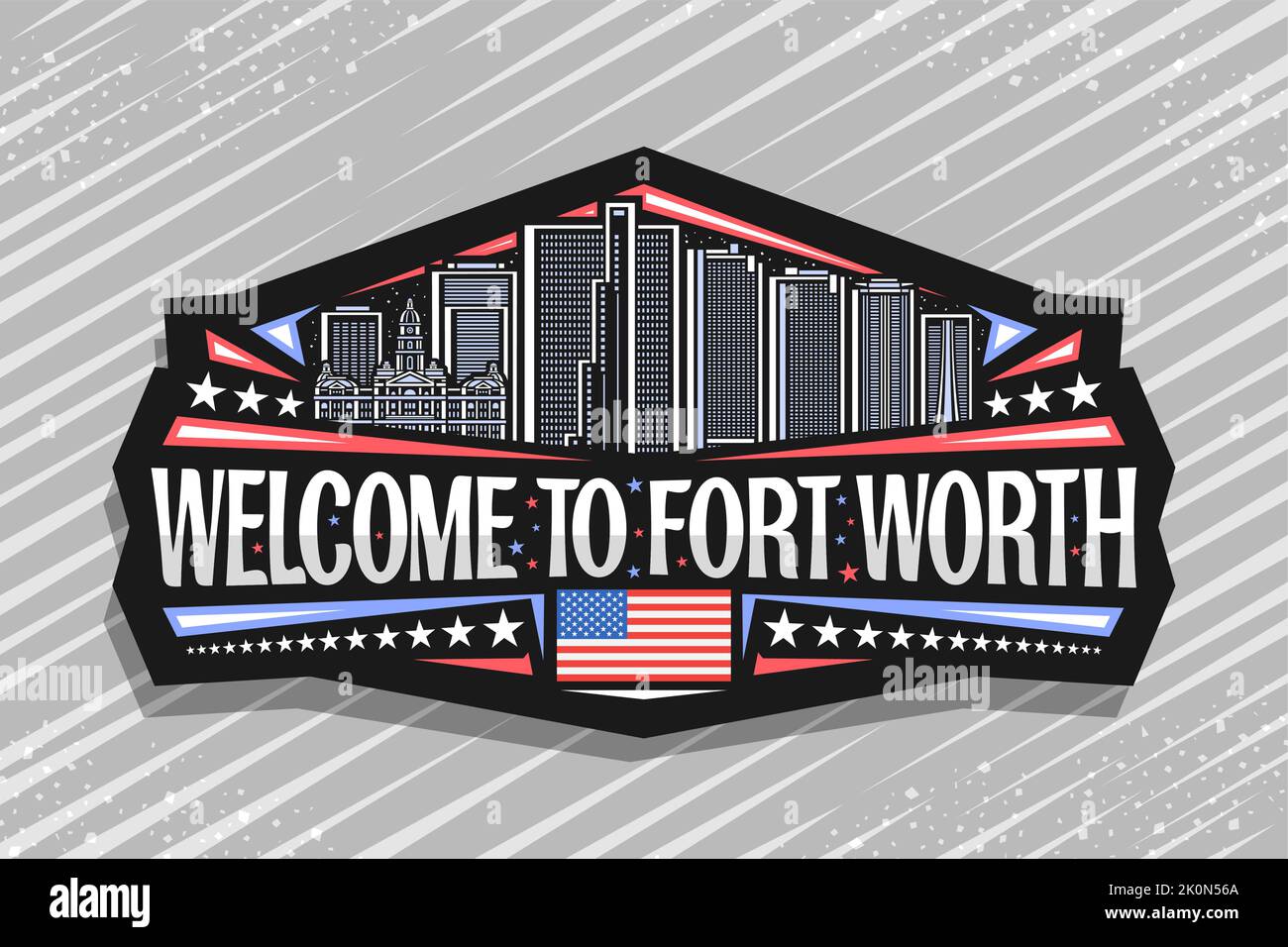 Vektor-Logo für Fort Worth, Kunstdesign schwarzes Schild mit Liniendarstellung der berühmten amerikanischen Stadtlandschaft auf Dämmerung Himmel Hintergrund, Kühlschrank Magnet wit Stock Vektor