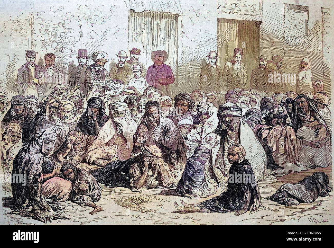 Die Einwohner von Setif bei der verteilung von Lebensmitteln an arabische Frauen und Kinder, 1869, Algerien / The livants of Setif Distributiing Food to Arab Women and children, 1869, Algerien, Historisch, digital restaurierte Reproduktion einer Originalvorlage aus dem 19. Jahrhundert, genau Originaldatum nicht bekannt / historisch, digital verbesserte Reproduktion eines Originals aus dem 19.. Jahrhundert Stockfoto