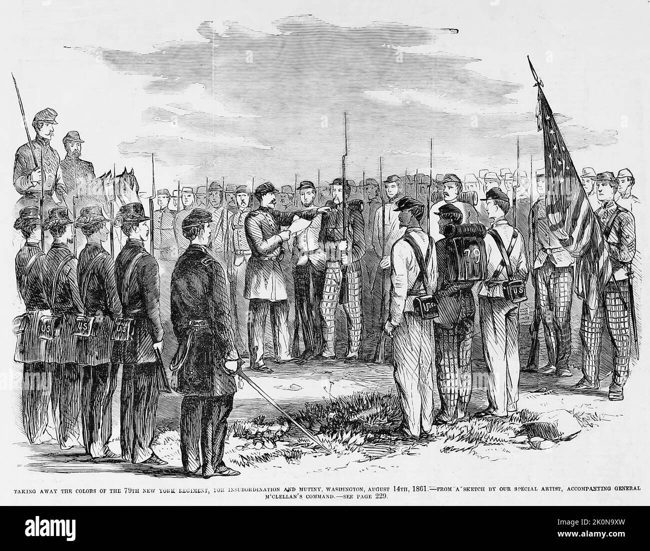 Die Farben des New Yorker Regiments 79. für Ungehorsam und Meuterei wegnehmen, Washington, 14.. August 1861. Illustration des amerikanischen Bürgerkriegs des 19.. Jahrhunderts aus Frank Leslie's Illustrated Newspaper Stockfoto