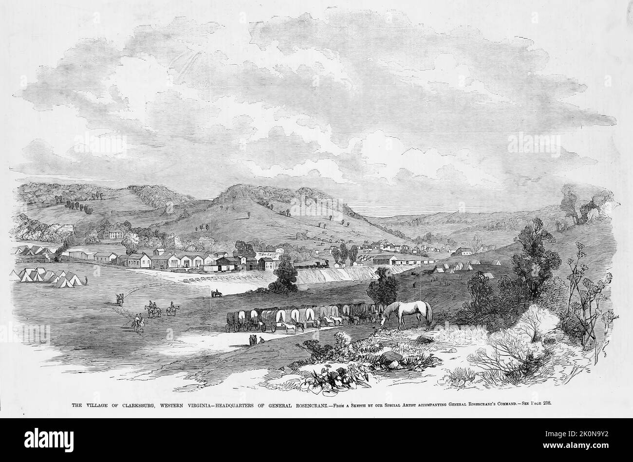 Das Dorf Clarksburg, Western Virginia - Hauptquartier von General William starke Rosecrans. August 1861. Illustration des amerikanischen Bürgerkriegs des 19.. Jahrhunderts aus Frank Leslie's Illustrated Newspaper Stockfoto
