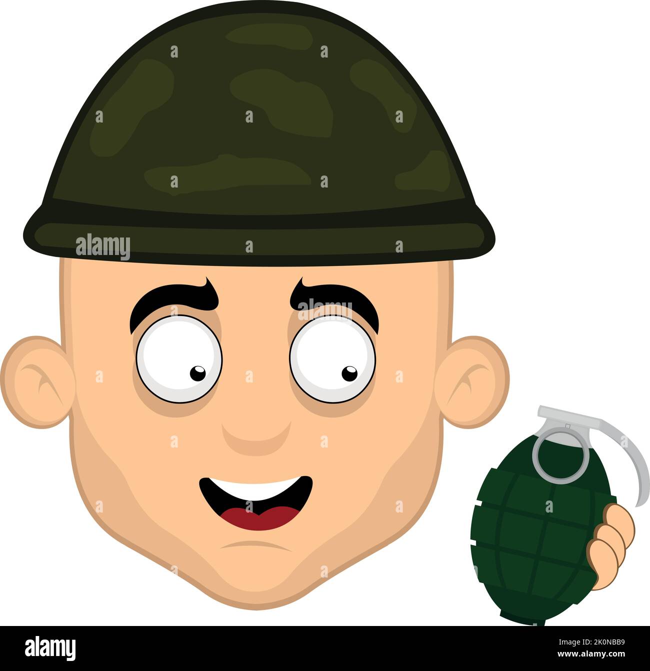 Vektor-Illustration des Kopfes eines Comic-Soldaten Mann mit einem getarnten Helm und einer Granate in der Hand Stock Vektor
