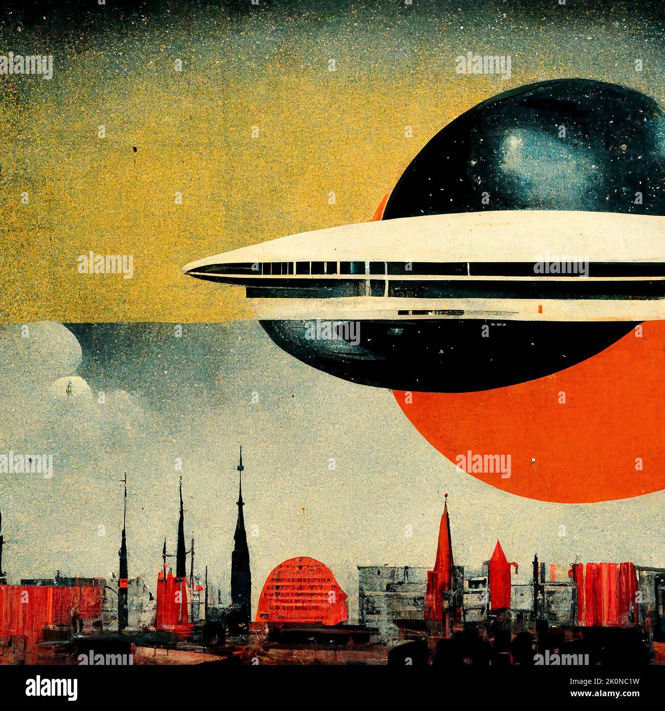 Das Bauhaus inspirierte das Sci-Fi-Bild eines Raumschiffs über einer Stadt Stockfoto