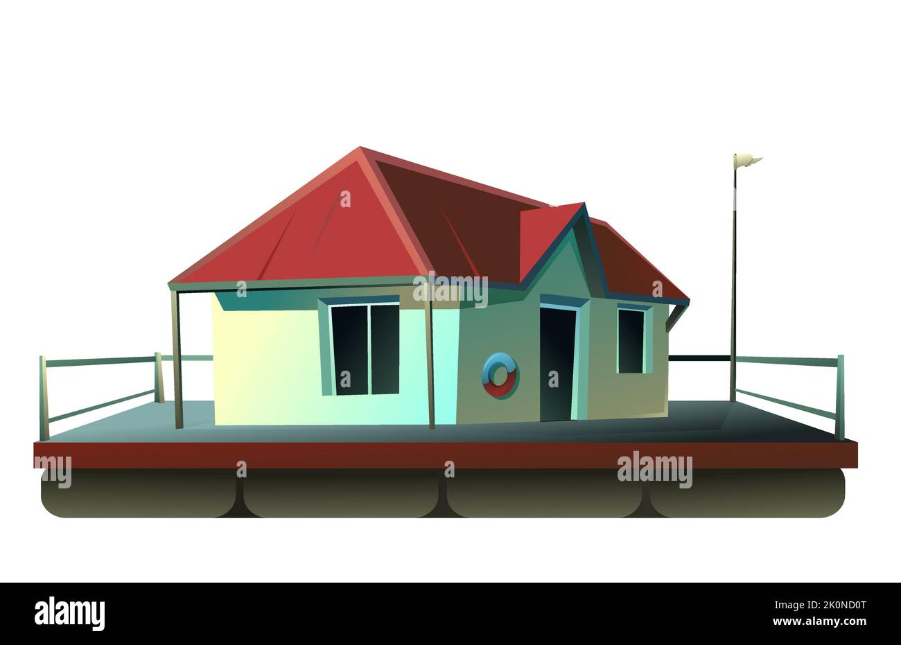 Schwimmendes Haus. Wohnung mit kleinem Innenhof am Wasser. Isoliert auf weißem Hintergrund. Illustrationsvektor. Stock Vektor