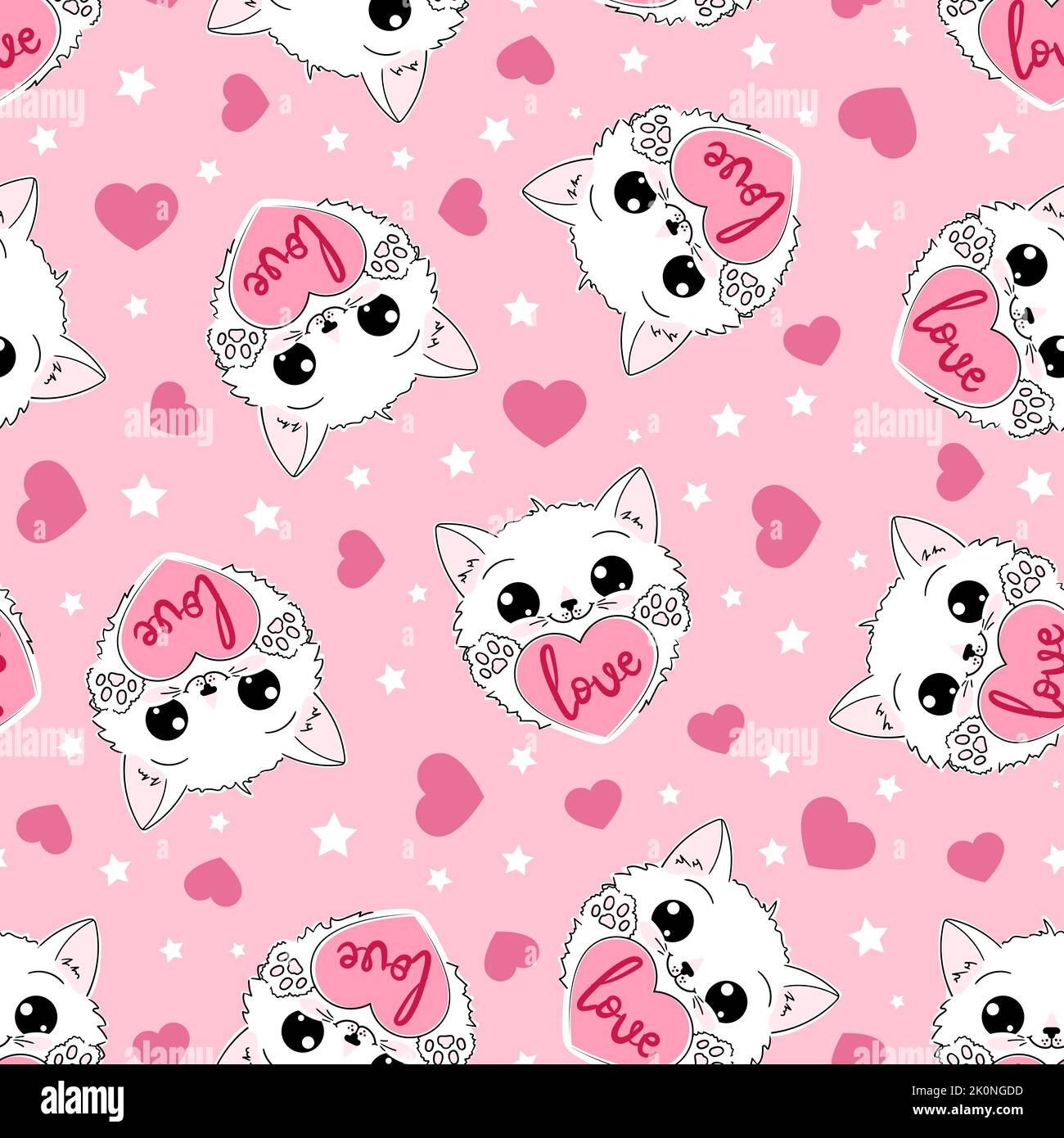 Nahtloses Muster mit Kawaii Katze und Herzen und der Aufschrift Love auf rosa Hintergrund. Für Baby Stoff Design, Tapeten, Hintergründe, Verpackung p Stock Vektor