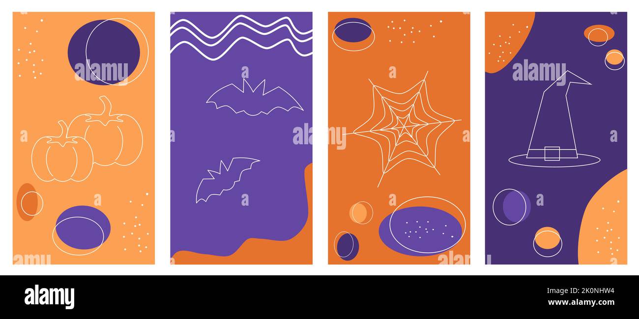 Satz von Vektorhintergründen in einfachem linearen Stil für Social-Media-Plattformen, Geschichten und Banner mit halloween-Elementen Stock Vektor