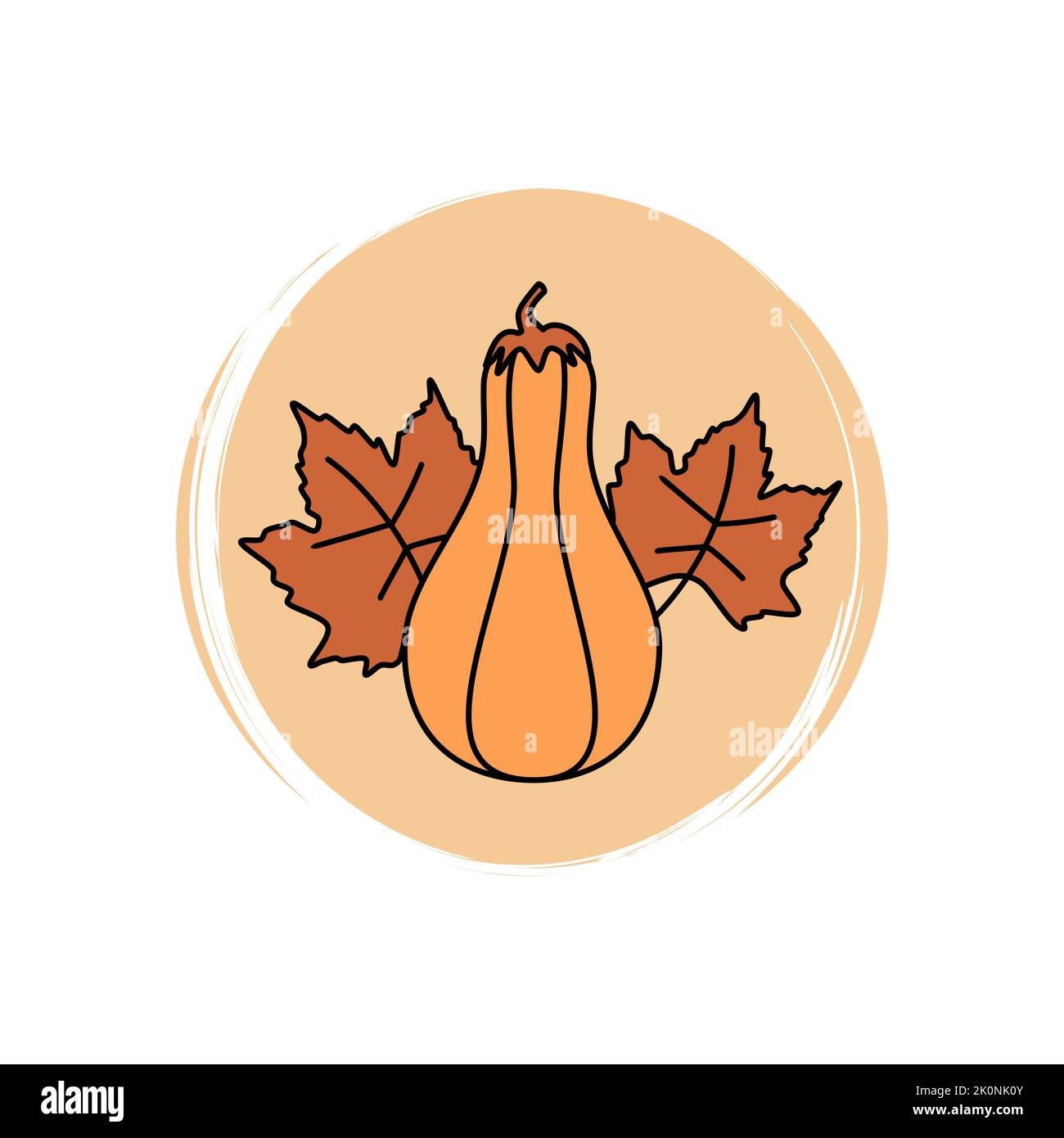 Niedlicher Kürbis Butternut Kürbis-Kürbis-Icon-Vektor, Illustration auf Kreis mit Pinseltextur, für Social Media Story und instagram Highlights Stock Vektor