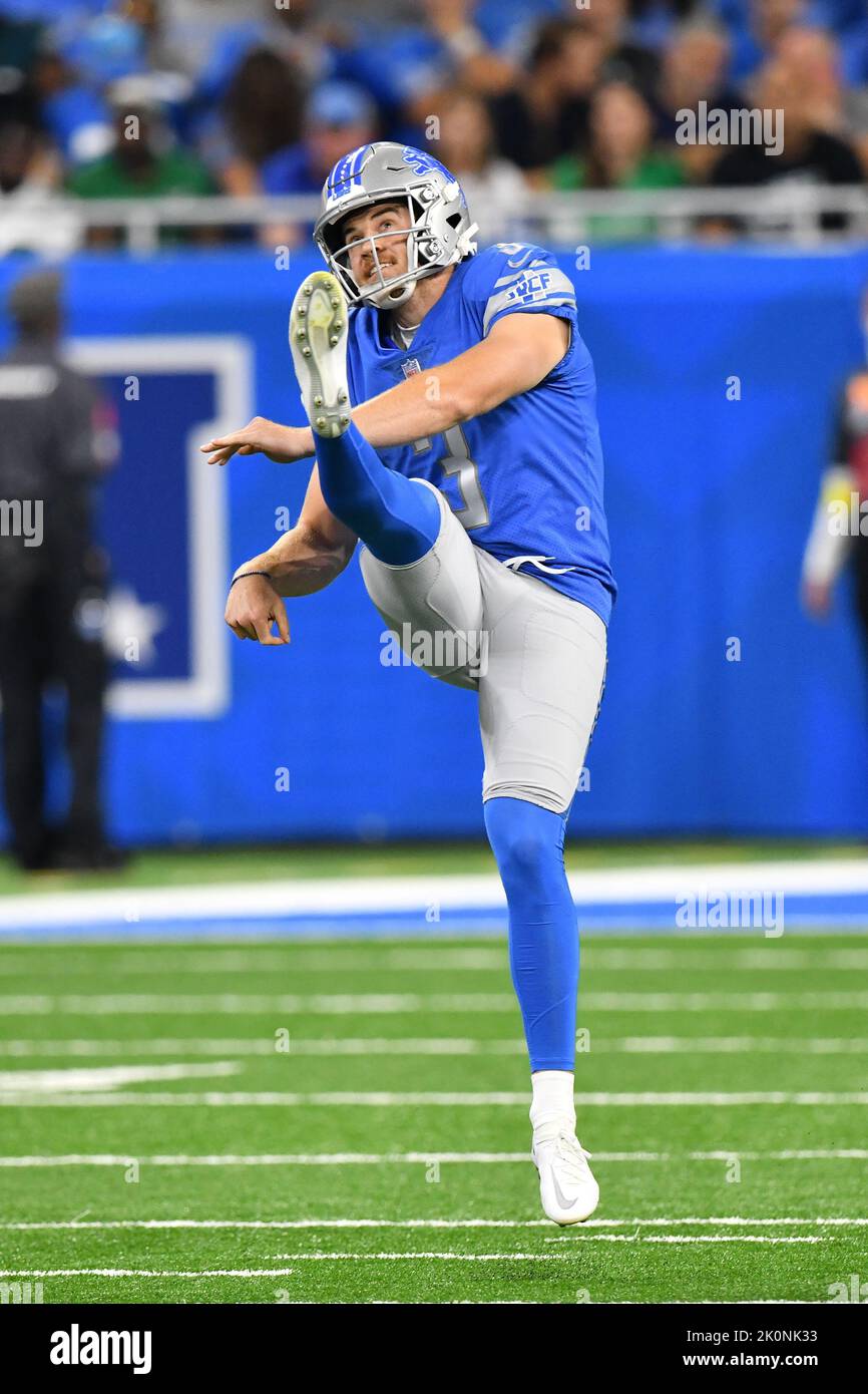 DETROIT, MI - 11. SEPTEMBER: Detroit Lions P Jack Fox (3) in Aktion während des Spiels zwischen Philadelphia Eagles und Detroit Lions am 11. September 2022 im Ford Field in Detroit, MI (Foto: Allan Dranberg/CSM) Stockfoto