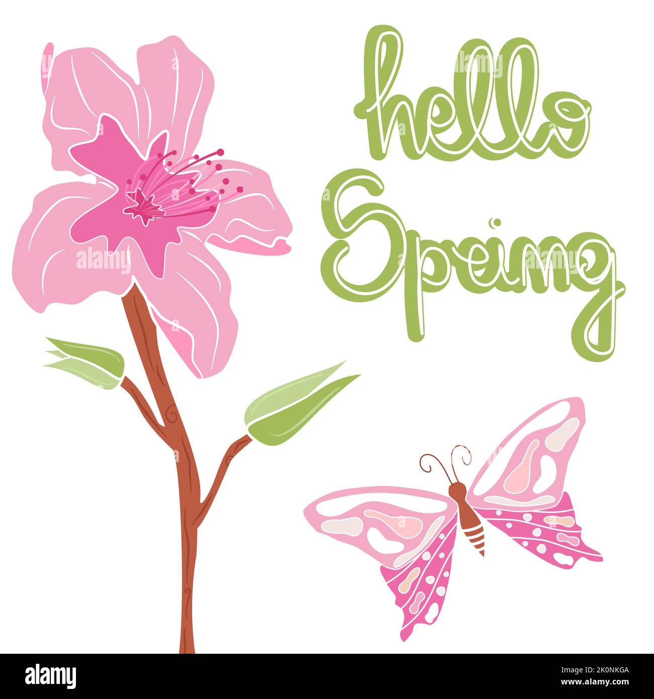 Niedliche handgezeichnete Schriftzüge hallo Frühling Text mit Pfirsich Baum rosa Blumen und Schmetterling Vektor Illustration Karte Stock Vektor