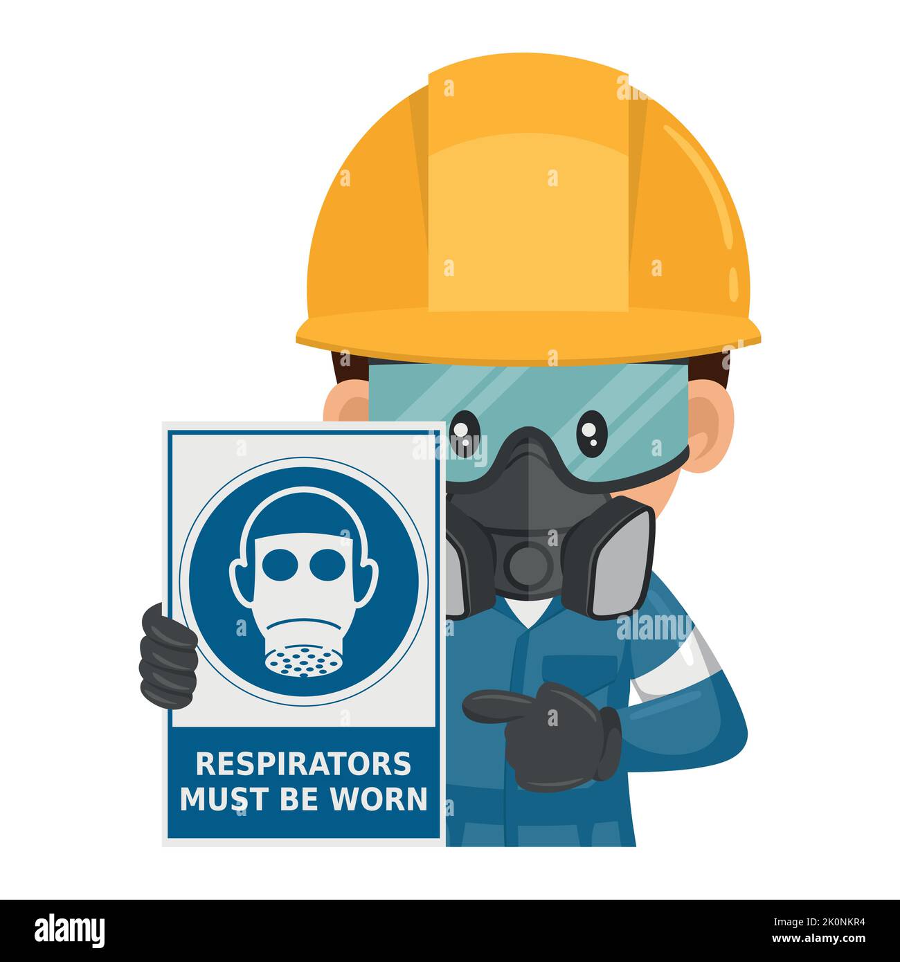 Industriearbeiter mit einem Warnschild für die obligatorische Verwendung von Atemschutzgeräten. Atemschutzgeräte müssen getragen werden. Arbeitsschutz und Arbeitsschutz bei wor Stock Vektor