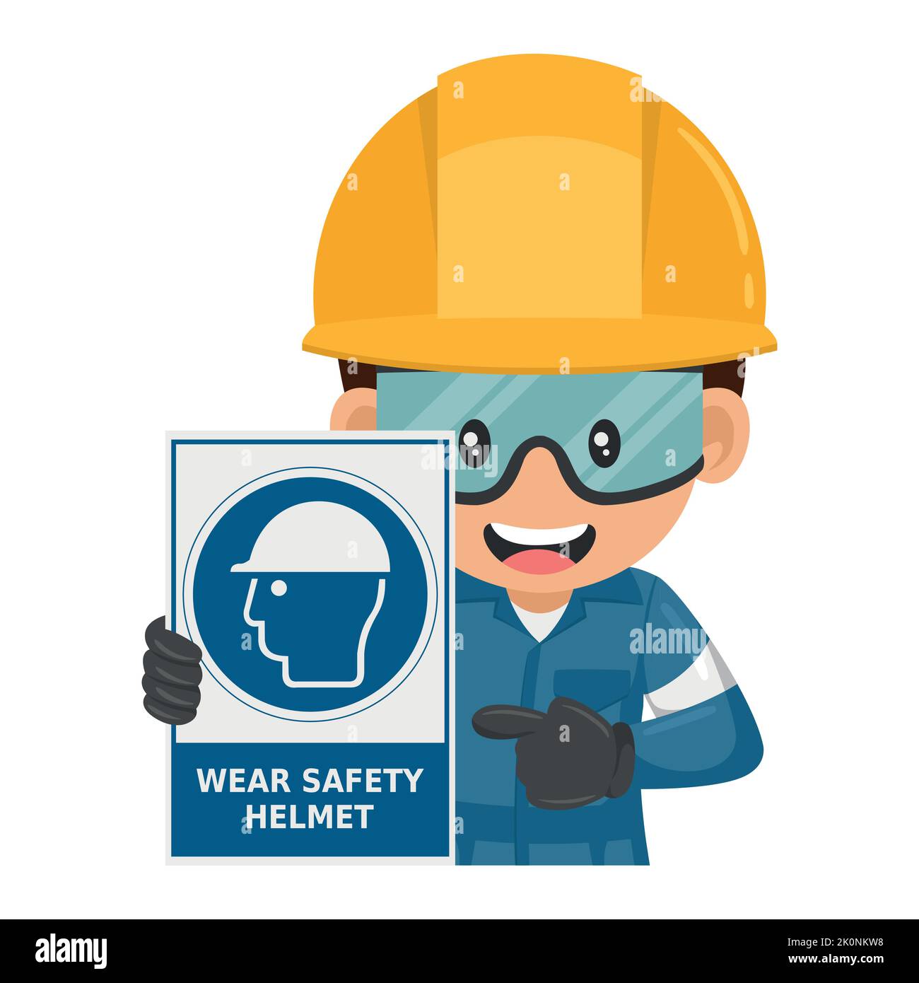 Industriearbeiter mit Warnzeichen der obligatorischen Verwendung von Schutzhelm. Arbeitsschutz und Arbeitsschutz am Arbeitsplatz Stock Vektor