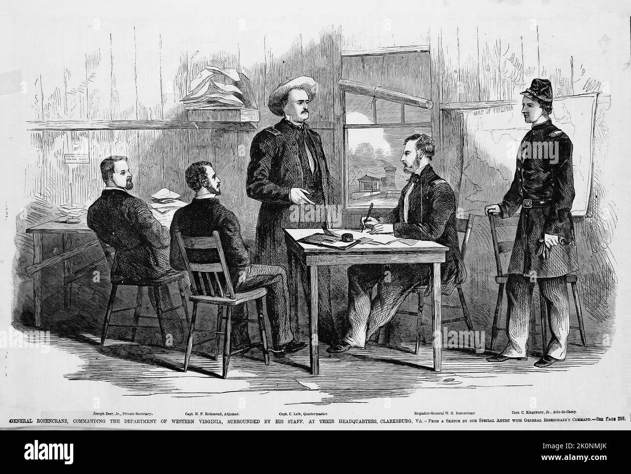 General William starke Rosecrans, der das Department of Western Virginia, umgeben von seinen Mitarbeitern, in ihrem Hauptquartier, Clarksburg, Virginia, kommandiert. Joseph Derr, N. P. Richmond, C. Leib, C. Kingsbury. September 1861. Illustration des amerikanischen Bürgerkriegs des 19.. Jahrhunderts aus Frank Leslie's Illustrated Newspaper Stockfoto