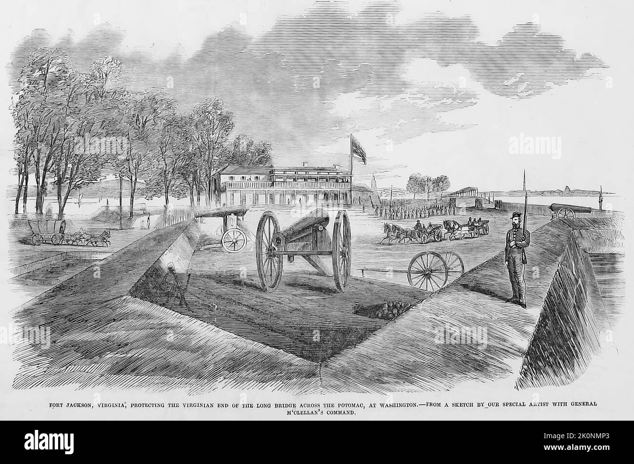 Fort Jackson, Virginia, schützt das Virginian Ende der Long Bridge über den Potomac River in Washington. September 1861. Illustration des amerikanischen Bürgerkriegs des 19.. Jahrhunderts aus Frank Leslie's Illustrated Newspaper Stockfoto