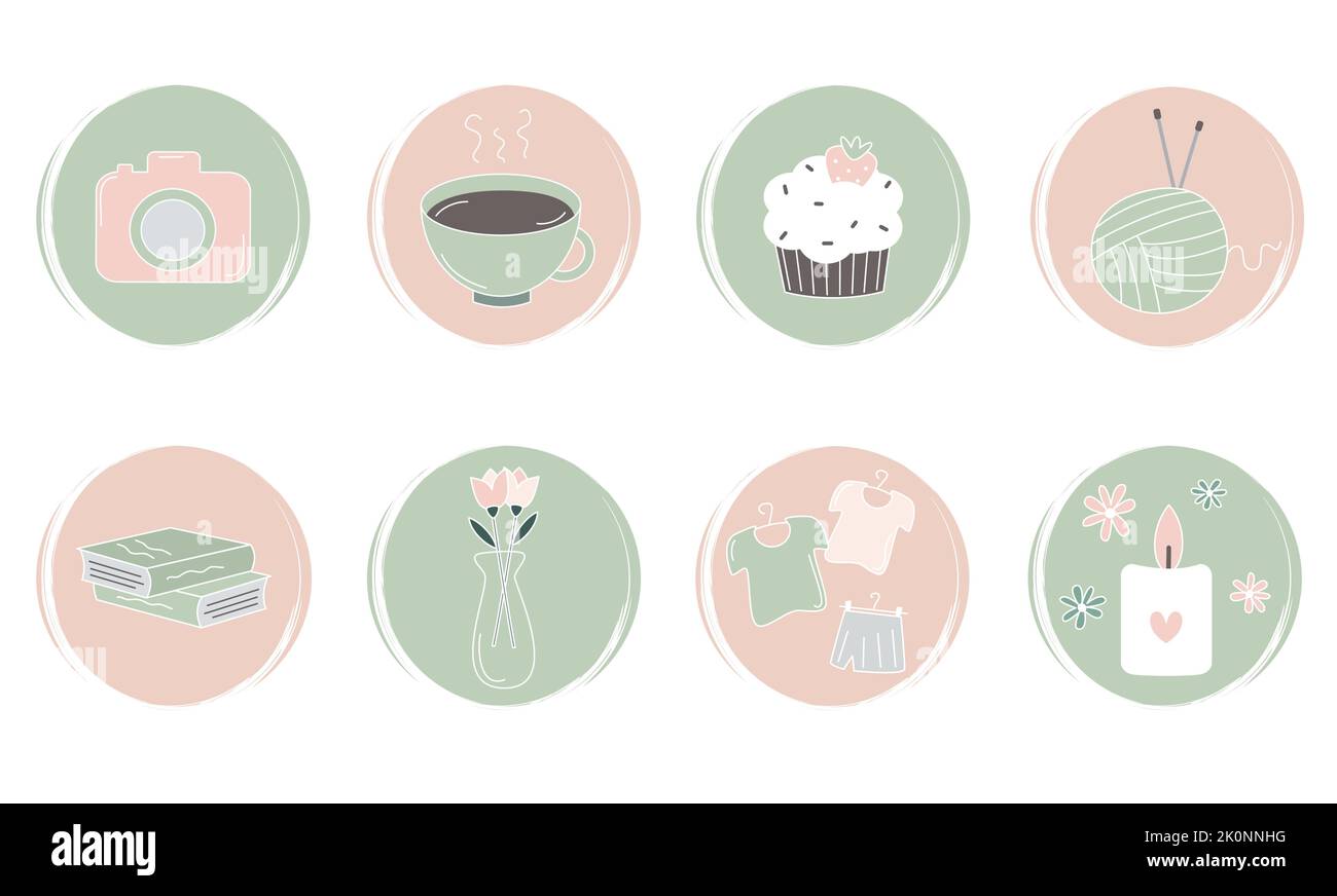 Niedliches Vektor-Set mit Logo-Design-Vorlagen, Symbolen und Abzeichen für Social-Media-Highlights mit Hygge-Elementen Stock Vektor