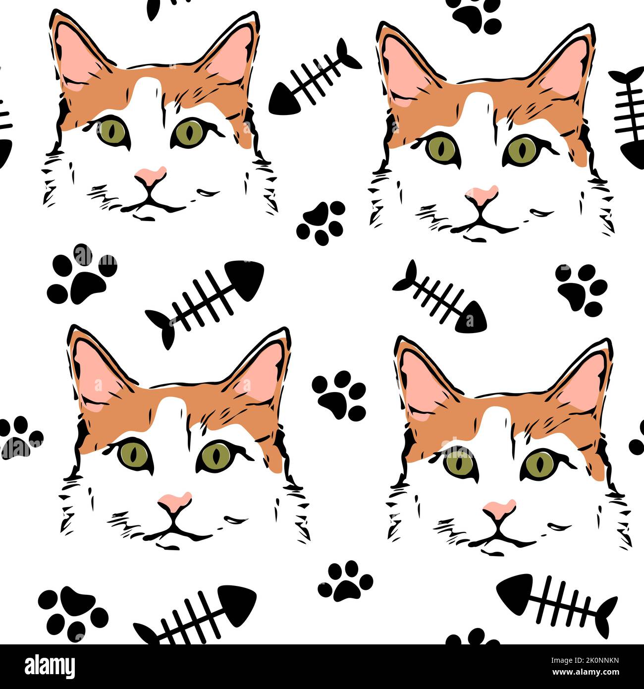 Nette schöne nahtlose Vektormuster Hintergrund Illustration mit Katzen, Pfotenabdrücke und Fischknochen Stock Vektor
