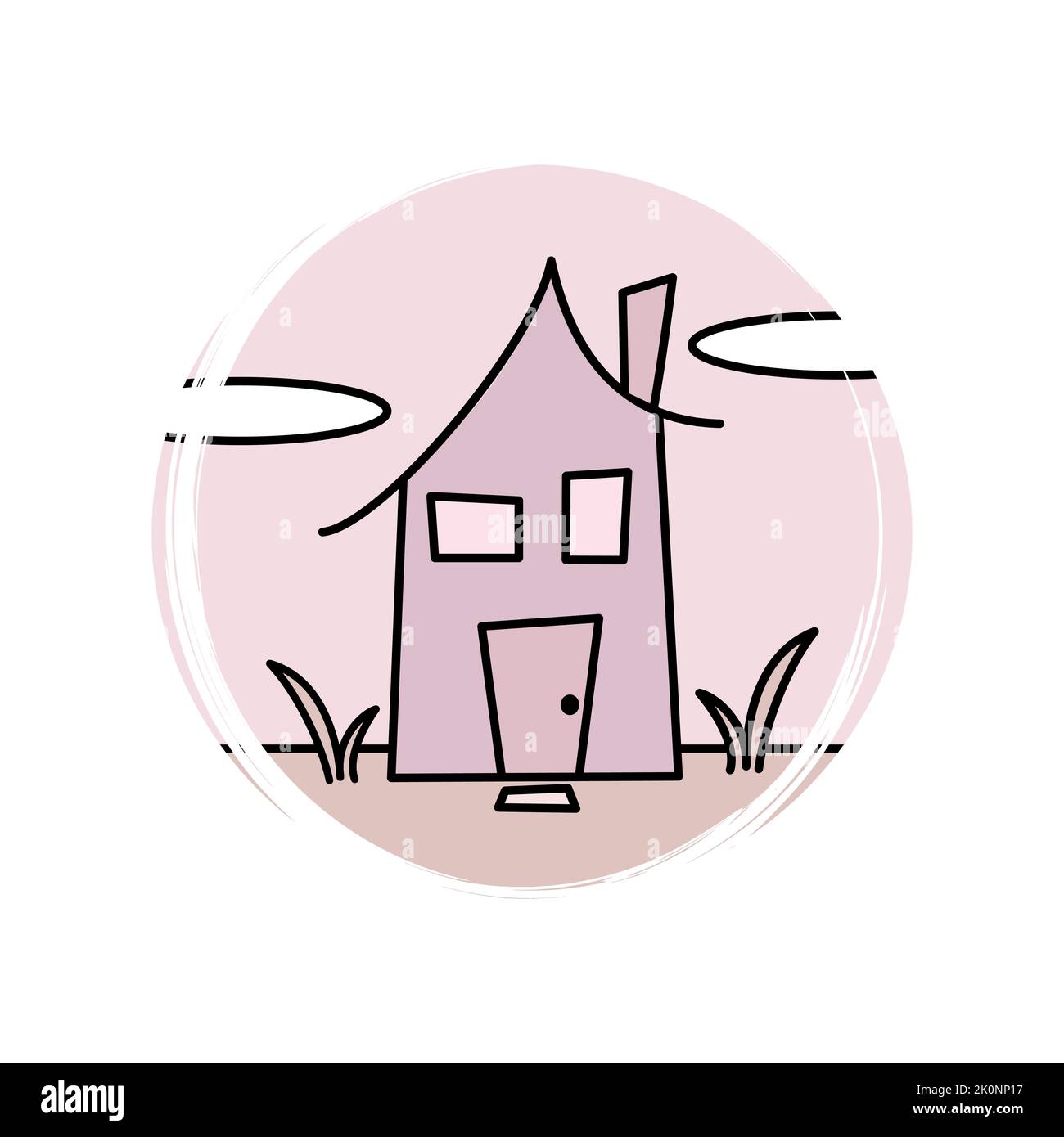 Niedliches Logo oder Icon Vektor mit kleinem Haus, Illustration auf Kreis mit Pinselstruktur, für Social Media Story und Highlight Stock Vektor