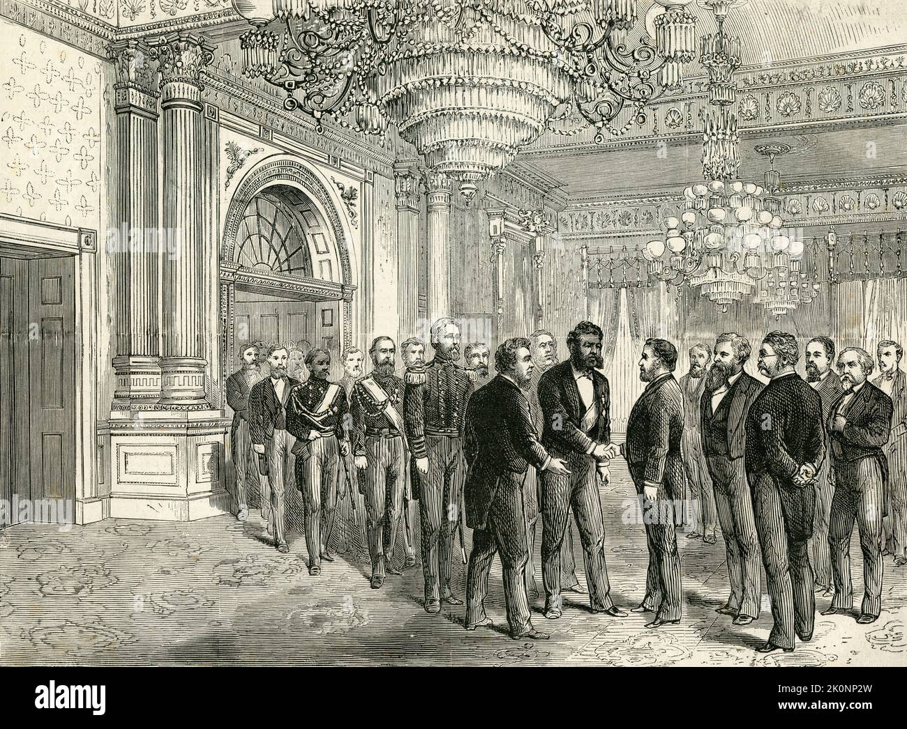König Kalākaua von Hawaii trifft Präsident Grant im Weißen Haus zu seinem Staatsbesuch, 1874. Veröffentlicht Am 2. Januar 1875 Stockfoto