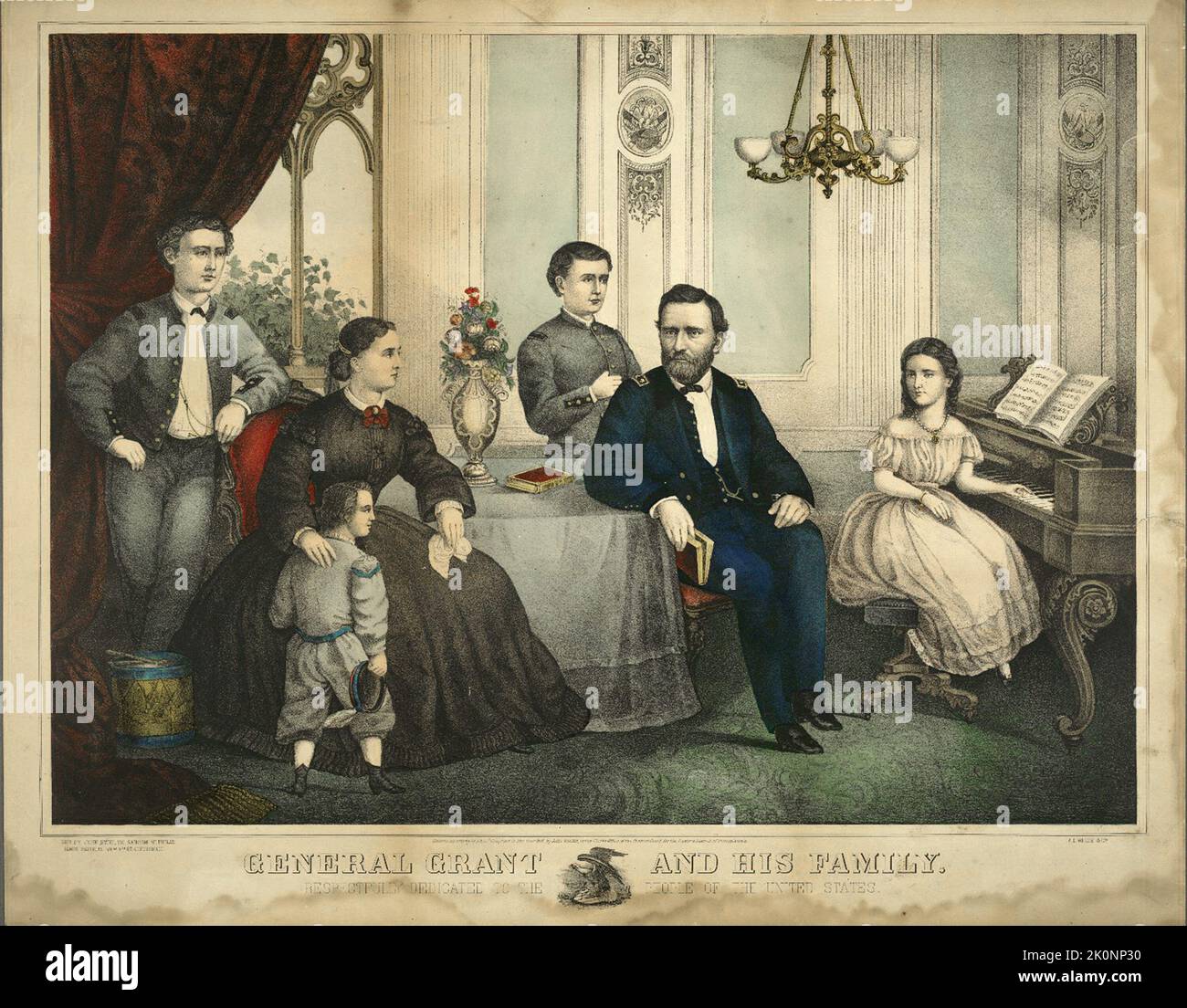 Eine Gravur von Präsident Lysses Grant und seiner Familie aus dem Jahr 1865. In der Imahe von Präsident Grant und seiner Frau Julia und ihren vier Kindern Frederick Grant (links), Ulysses Jr (Mitte), ihrer Tochter Ellen (bekannt als Nellie) am Klavier und Jesse (neben MIS Mutter). Stockfoto
