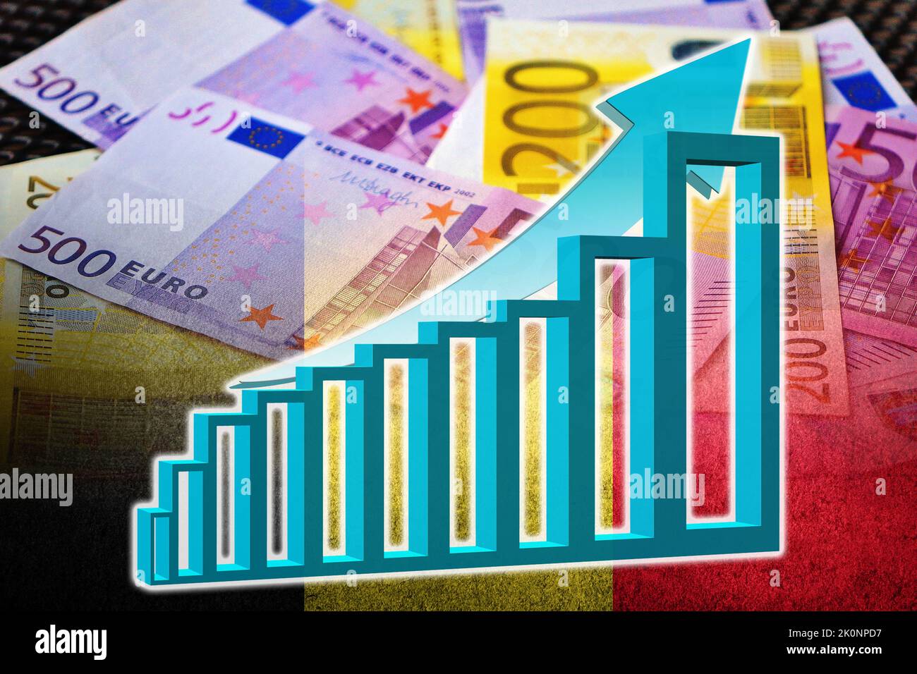 Wirtschaftsdiagramm: Steigender Pfeil, Bargeld-Euro-Banknoten und Flagge Belgiens (Geld, Wirtschaft, Unternehmen, Finanzen, Krise) Stockfoto