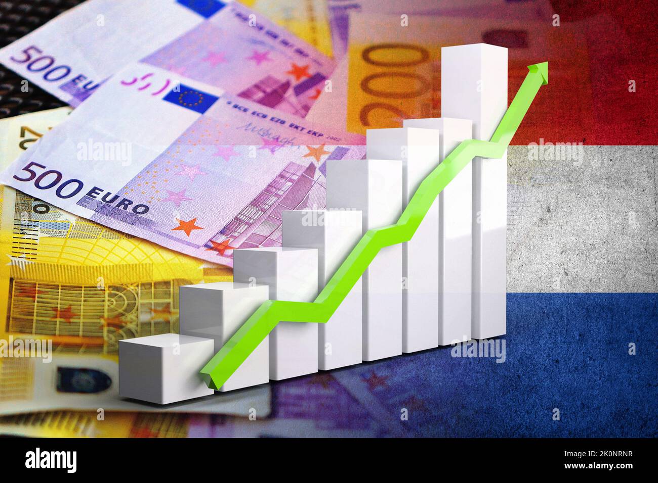 Wirtschaftsdiagramm: Steigender Pfeil, Bargeld-Euro-Banknoten und niederländische Flagge (Geld, Wirtschaft, Unternehmen, Finanzen, Krise) Stockfoto