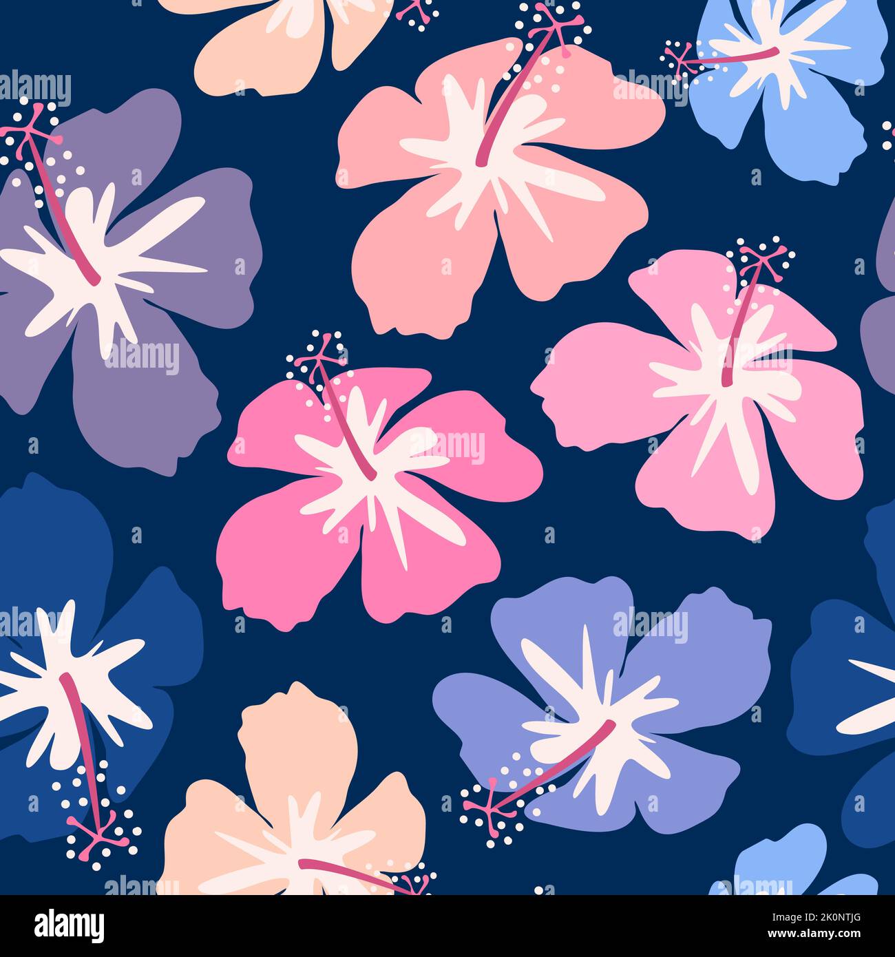 Nette Hand gezeichnete abstrakte nahtlose Vektormusterillustration mit bunten Hibiskusblüten auf blauem Hintergrund Stock Vektor