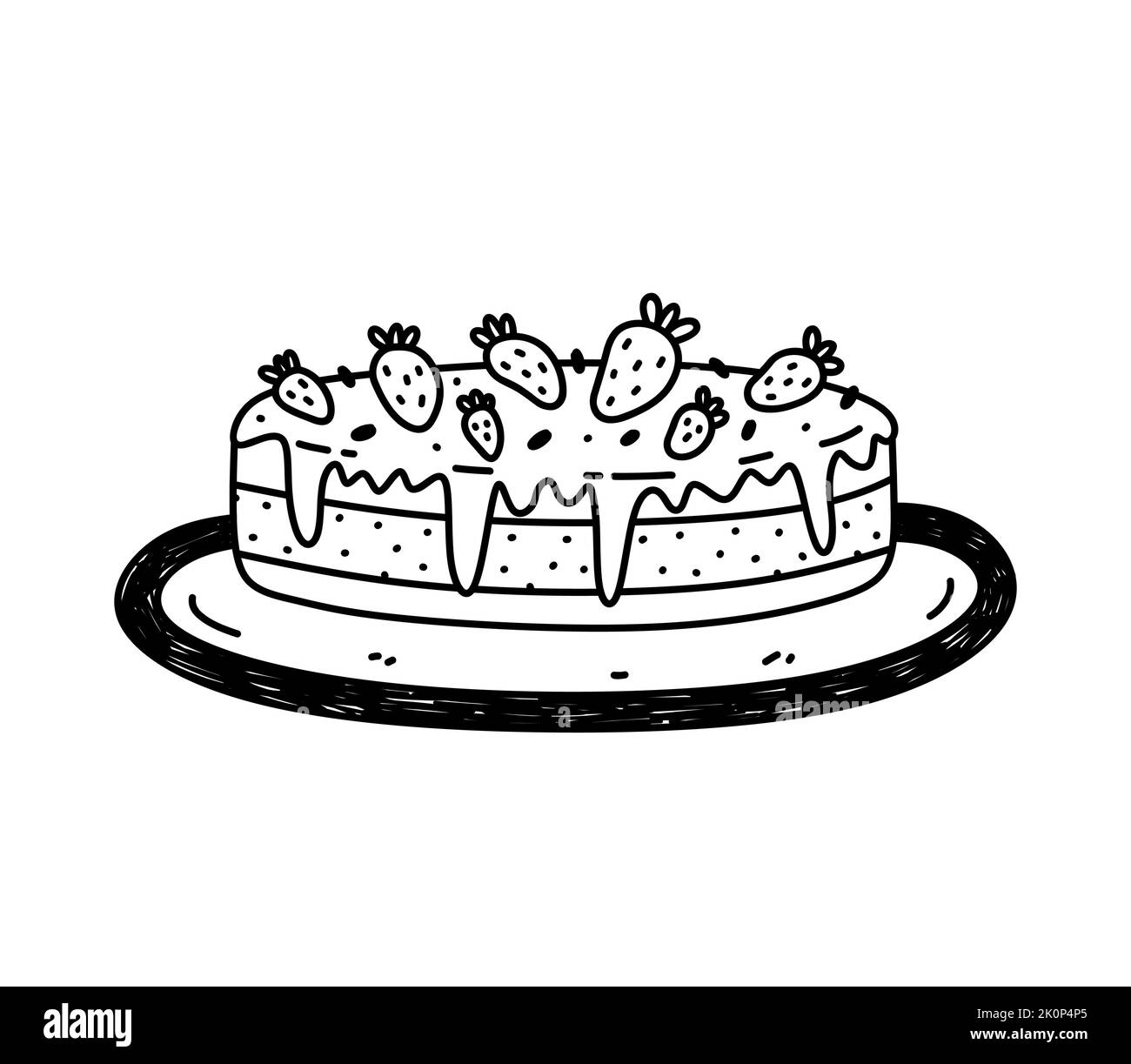 Süßer Kuchen mit Erdbeeren auf einem Teller isoliert auf weißem Hintergrund. Süßes Essen. Vektor-handgezeichnete Illustration im Doodle-Stil. Perfekt für verschiedene Designs, Karten, Dekorationen, Logo, Menü. Stock Vektor