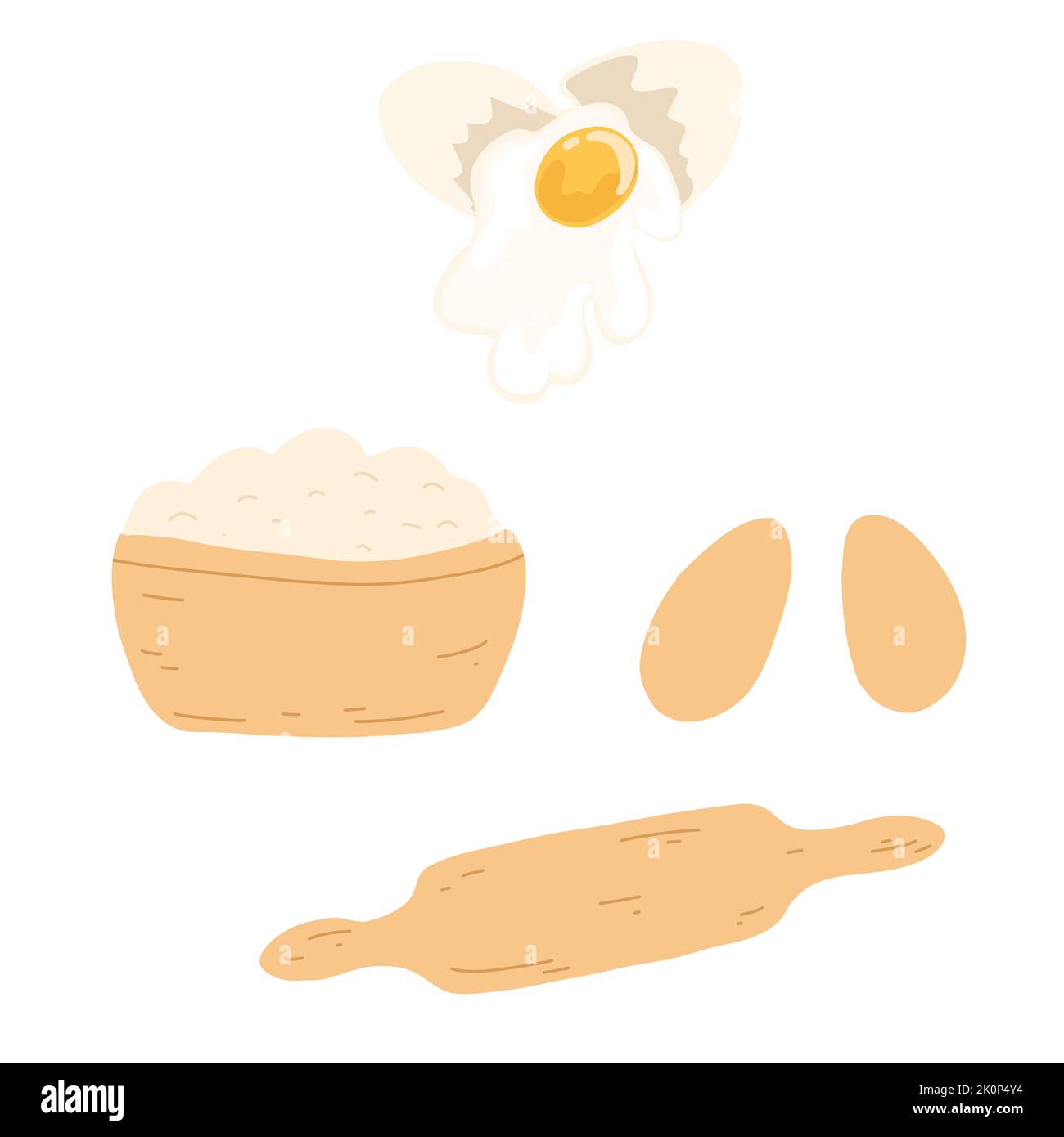 Holzschüssel mit Mehl, Eiern, Nudelholz im Cartoon-Flat-Stil. Set von Zutaten und Utensilien zum Backen, Süßwaren. Vektorgrafik Stock Vektor