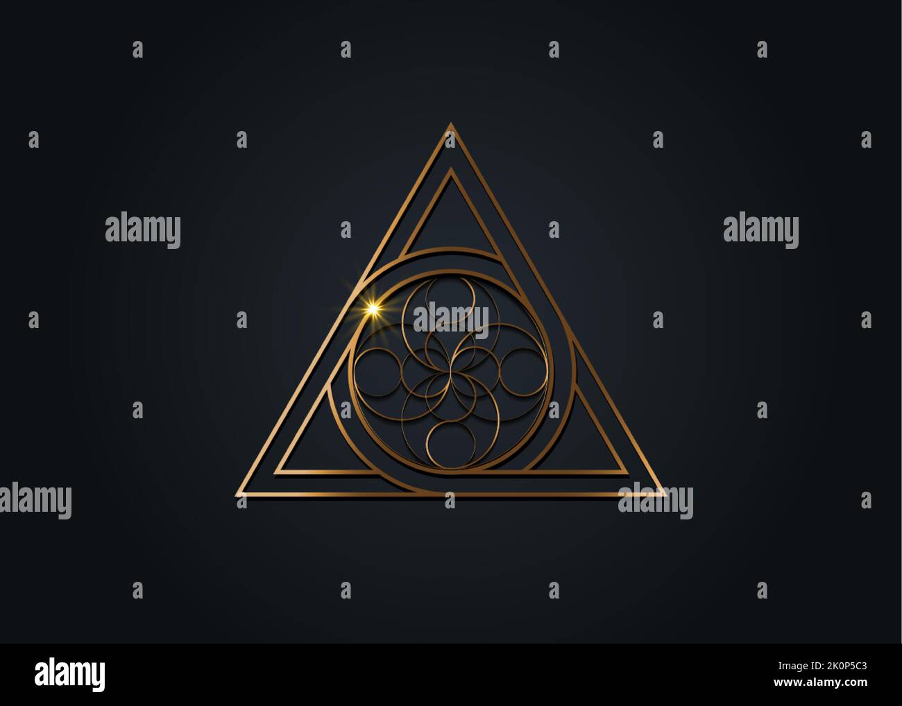Buchstabe A und Buchstabe O, goldenes Logodesign, heilige geometrische Figur eines Kreises, der in ein Dreieck eingeschrieben ist, Goldblumenvektor, mythologische Symbolrunde Stock Vektor