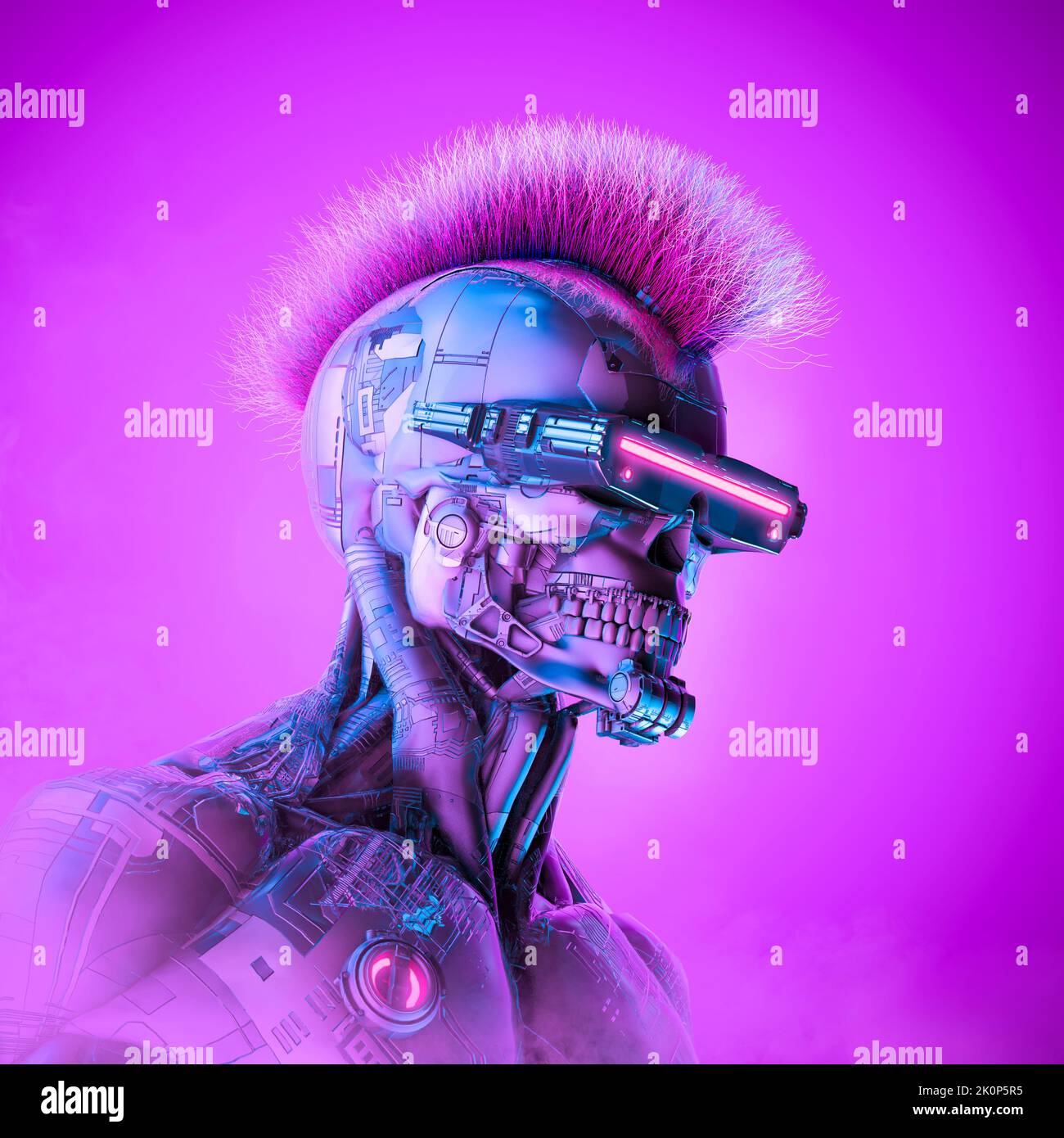 Cyberpunk Roboter krimineller Hacker - 3D Illustration von Science Fiction Schädel konfrontiert Cyborg mit Mohawk Haar Stockfoto
