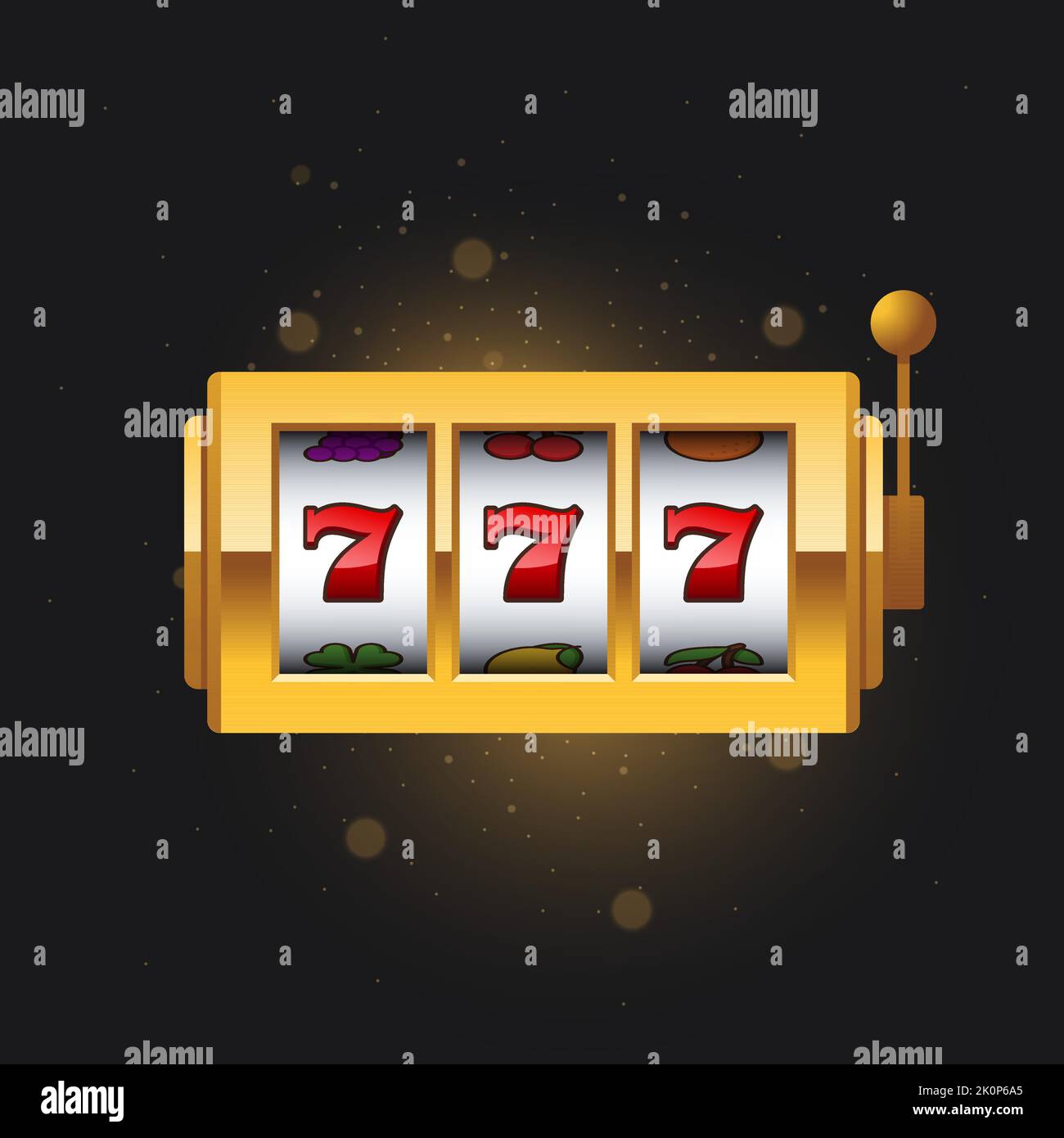 Shining Mini golden Spielautomat mit glücklichen sevens Jackpot auf dunklem Hintergrund. Vektorgrafik im realistischen Stil. Casino ein Arm Bandit mit winn Stock Vektor