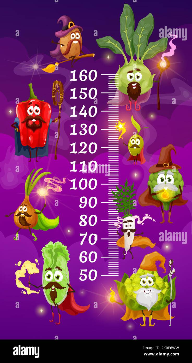 Kinder Höhendiagramm mit Cartoon-Gemüse Zauberer und Zauberer, Vektor-Wachstum Meter. Kinderhöhe Diagramm oder messen Lineal mit Zeichen Pfeffer, Zwiebel oder Kartoffel und Kohlrabi Zauberer mit Zauberstab Stock Vektor