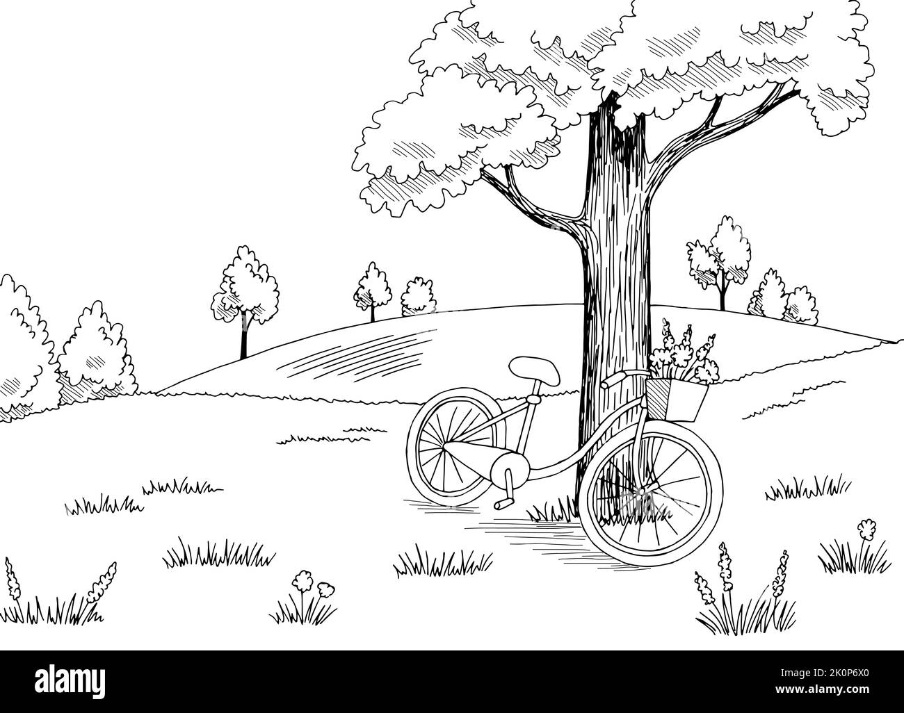 Fahrrad im Feld Grafik schwarz weiß Landschaft Skizze Illustration Vektor Stock Vektor